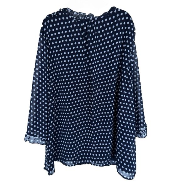 Suzanne Betro 4X NAVY White Polka Dot Ruffle Neck 3/4 Sleeve Top Tunic Blouse - Picture 3 of 14